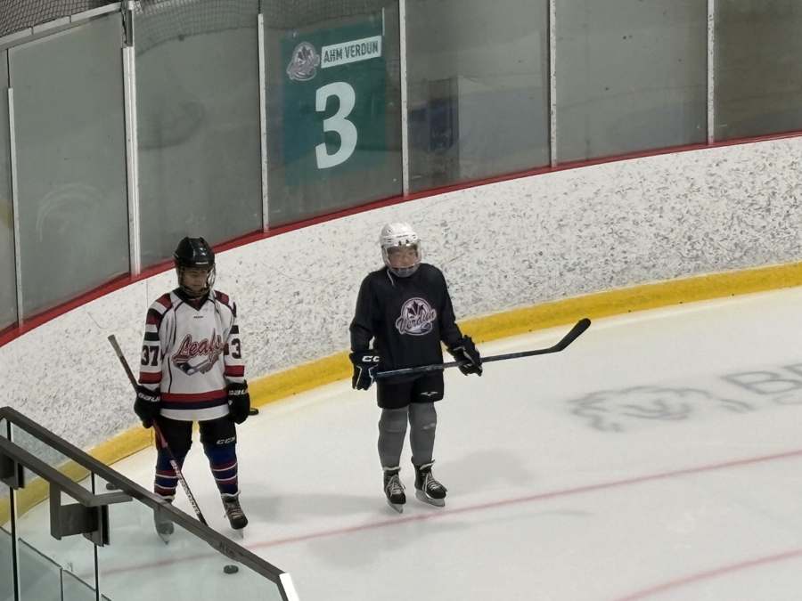 Deux jeunes joueurs de hockey à l’entraînement près des bandes.