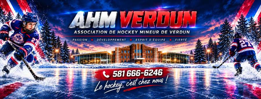 Bannière promotionnelle AHM Verdun aux couleurs bleu, blanc et rouge.