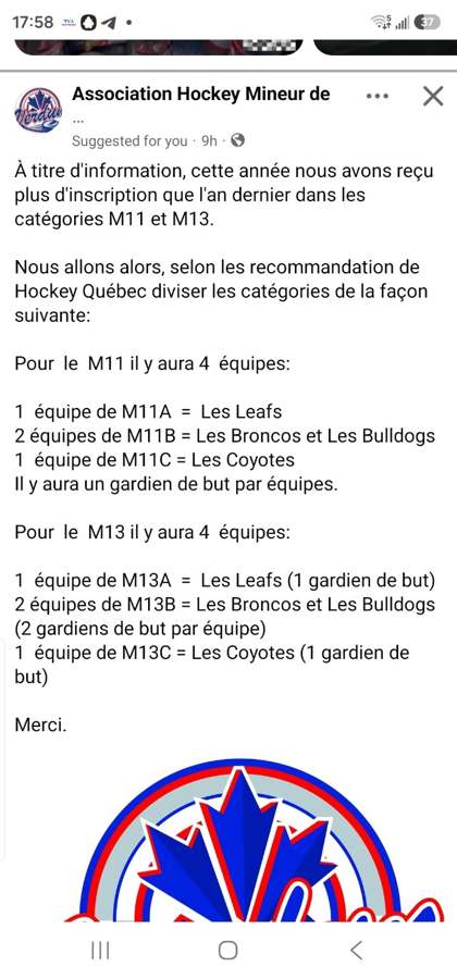 Capture d’une publication AHMV expliquant la structure des équipes M11 et M13.