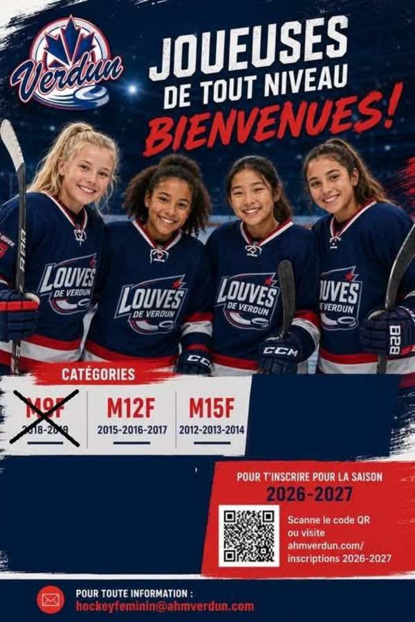 Affiche AHMV invitant les joueuses de hockey de tout niveau pour la saison 2026-2027.
