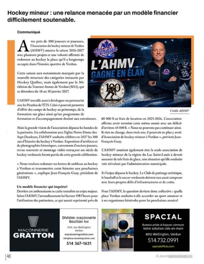 Article de presse sur la relance de l’AHMV et le modèle financier des coûts de glace.