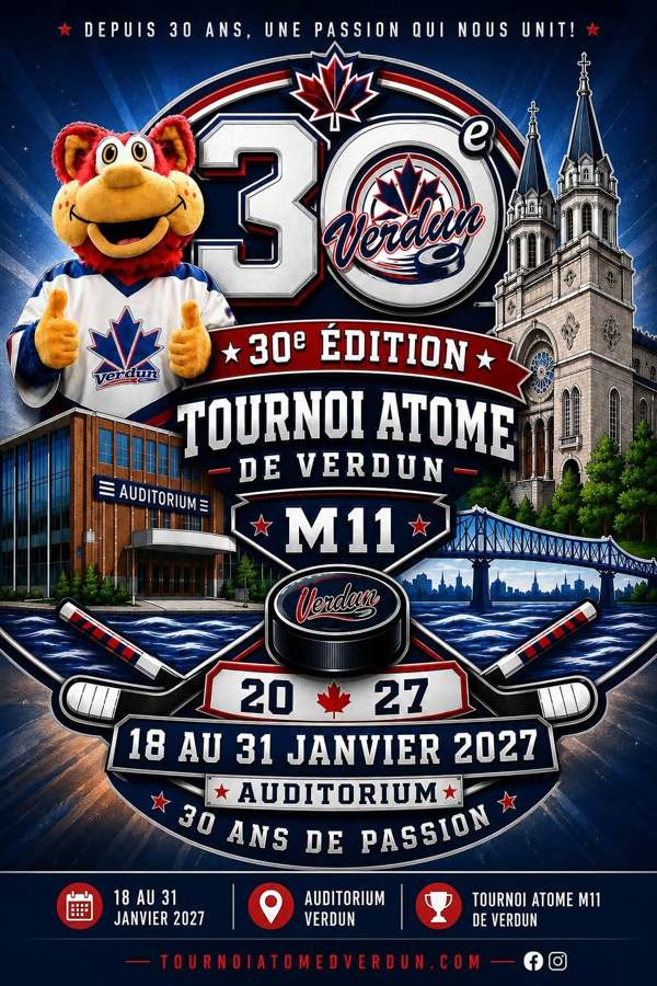 Affiche de la 30e édition du Tournoi Atome de Verdun M11, janvier 2027.