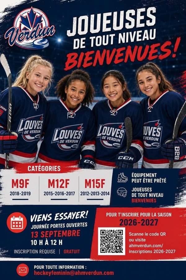 Affiche AHMV pour l’inscription au hockey féminin 2026-2027.
