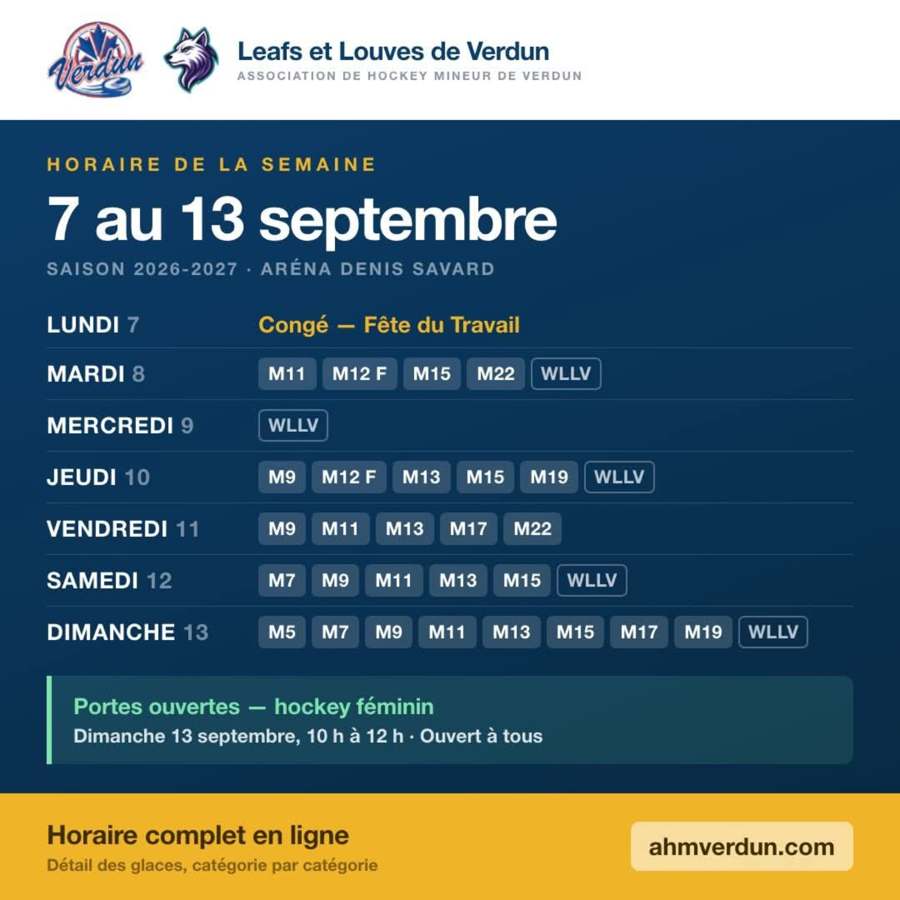 Horaire AHMV du 7 au 13 septembre pour la saison 2026-2027.