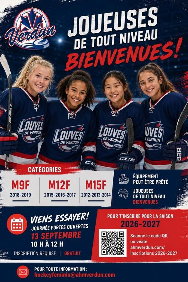 Affiche AHMV annonçant les portes ouvertes du hockey féminin et les catégories 2026-2027.