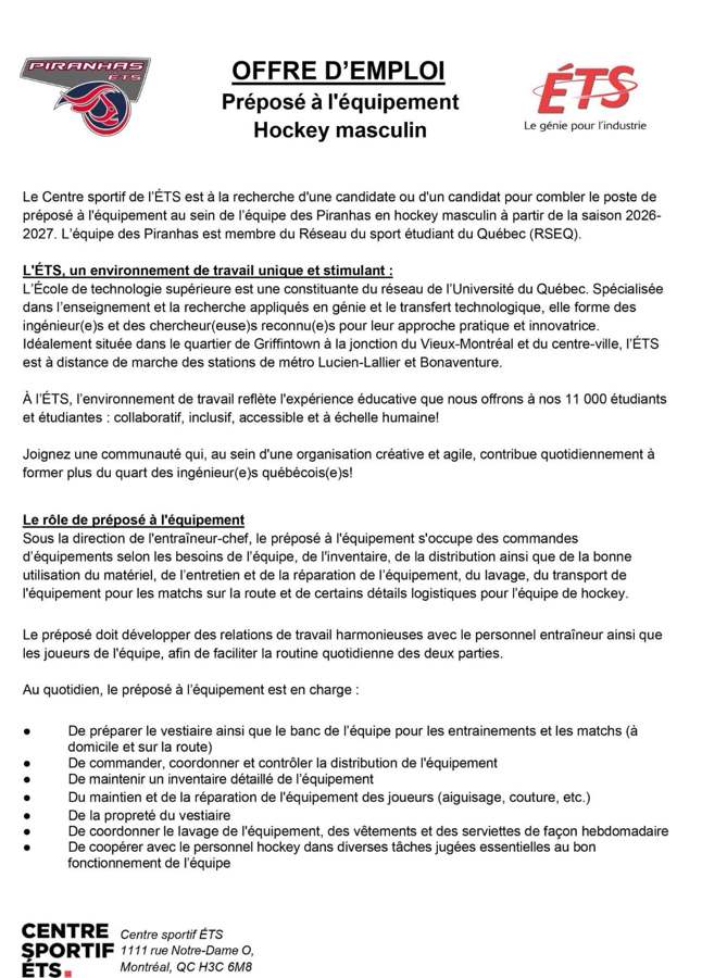 Première page de l’offre d’emploi des Piranhas de l’ÉTS pour un préposé à l’équipement.