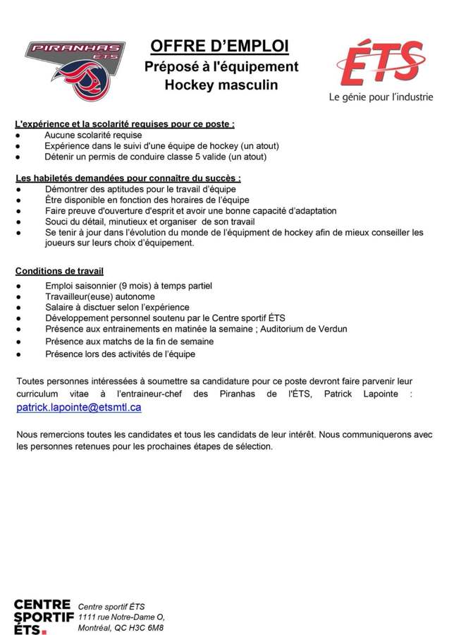 Deuxième page de l’offre d’emploi des Piranhas de l’ÉTS.