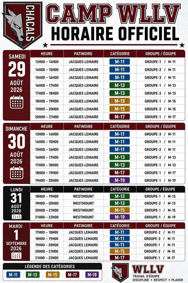 Horaire officiel du camp WLLV pour les catégories M11 à M19.