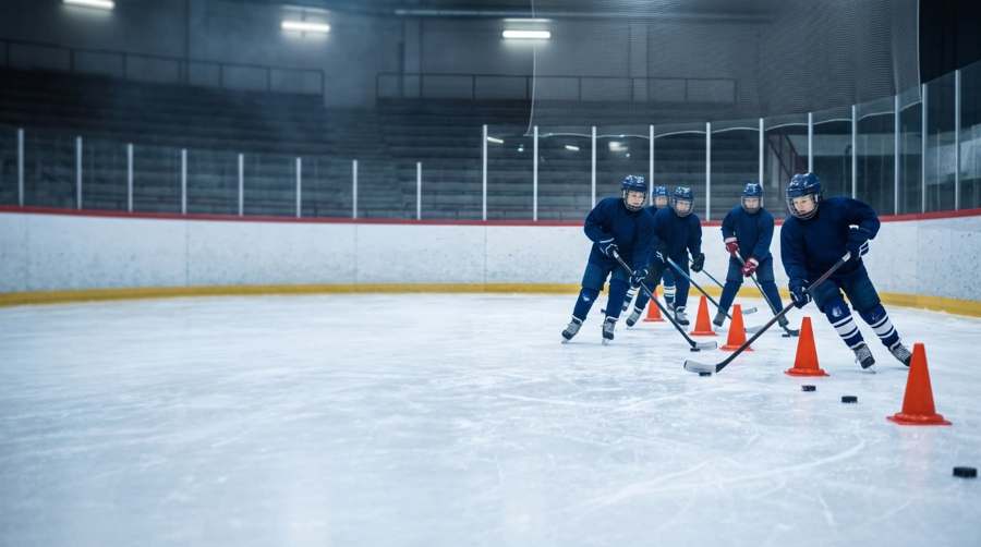 Joueuses AHMV participant à un exercice sur glace.