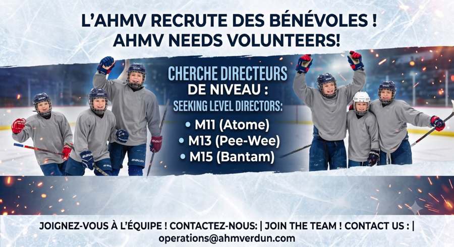 Affiche bilingue AHMV recrutant des bénévoles pour la saison.