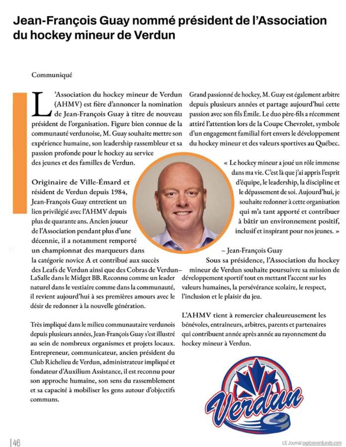 Article communautaire portant sur la présidence de l’Association du hockey mineur de Verdun.